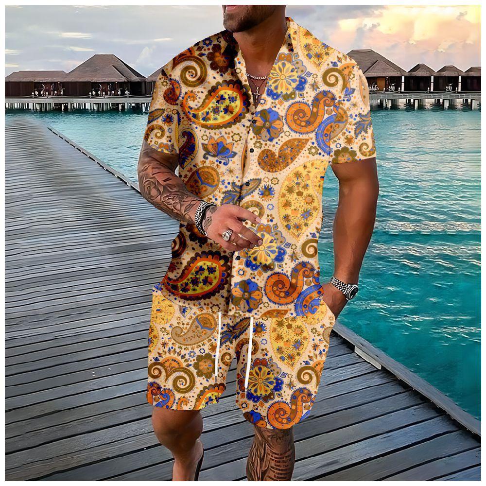 Mens Lapel Shirt And Shorts Set With 3D Print 10