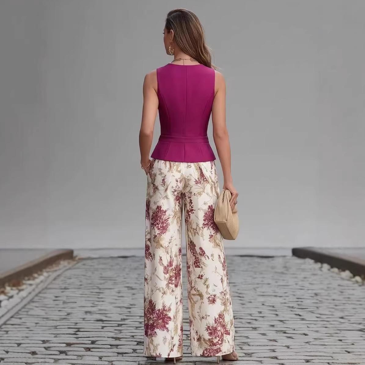 Elegant Buttoned Vest Top And Summer Slimming Wide-leg Pants Two-piece Set For Women 3