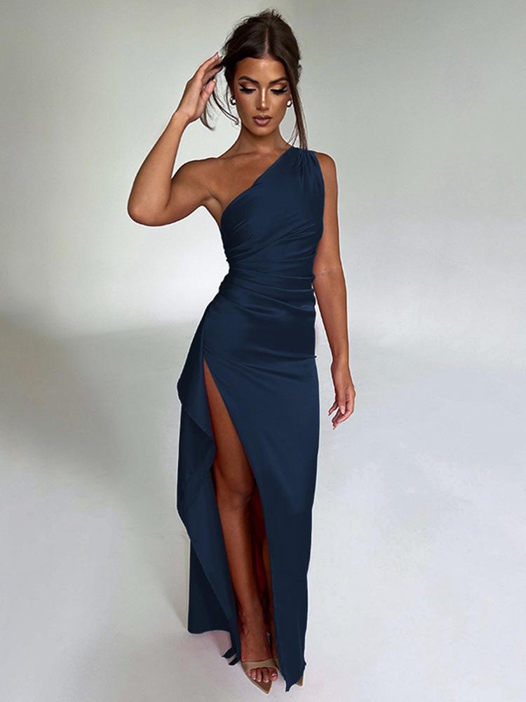 Slim-fit Solid Color One-shoulder Pleated Split Satin Dress 8