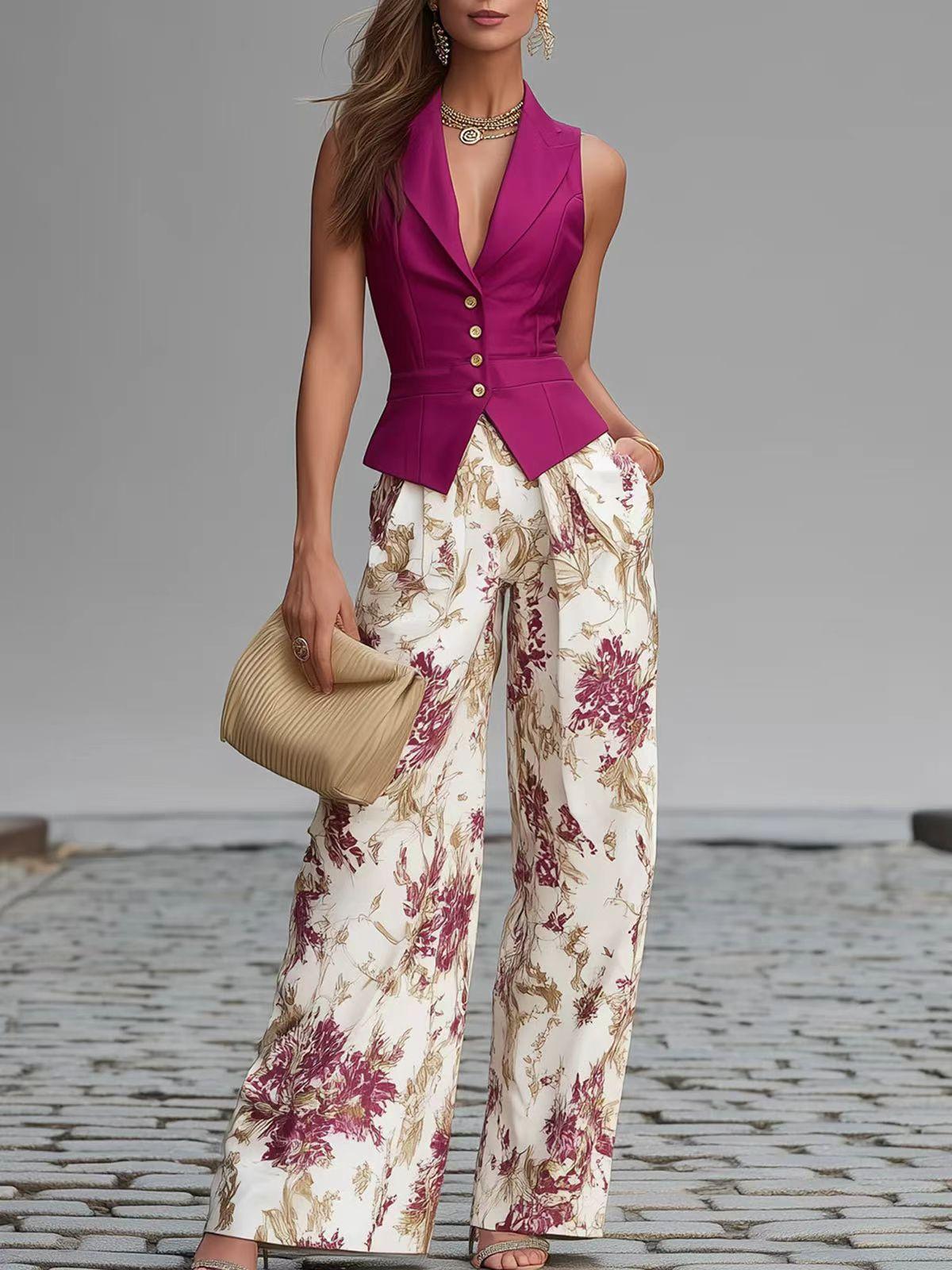 Elegant Buttoned Vest Top And Summer Slimming Wide-leg Pants Two-piece Set For Women