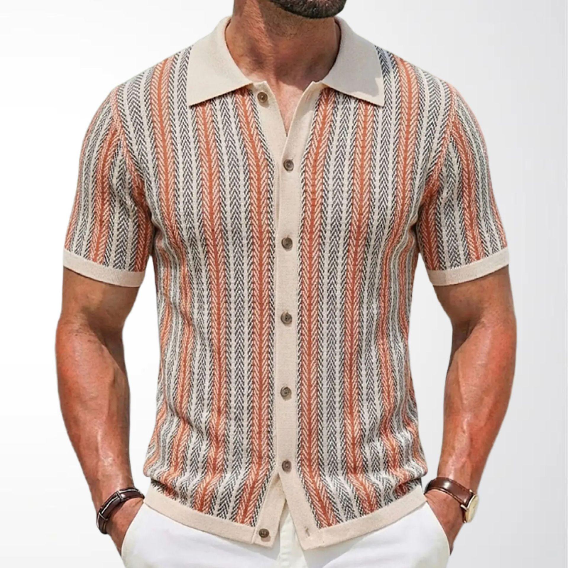 Men's Short-Sleeve Striped Knitted Cardigan Jacquard Polo Shirt 8