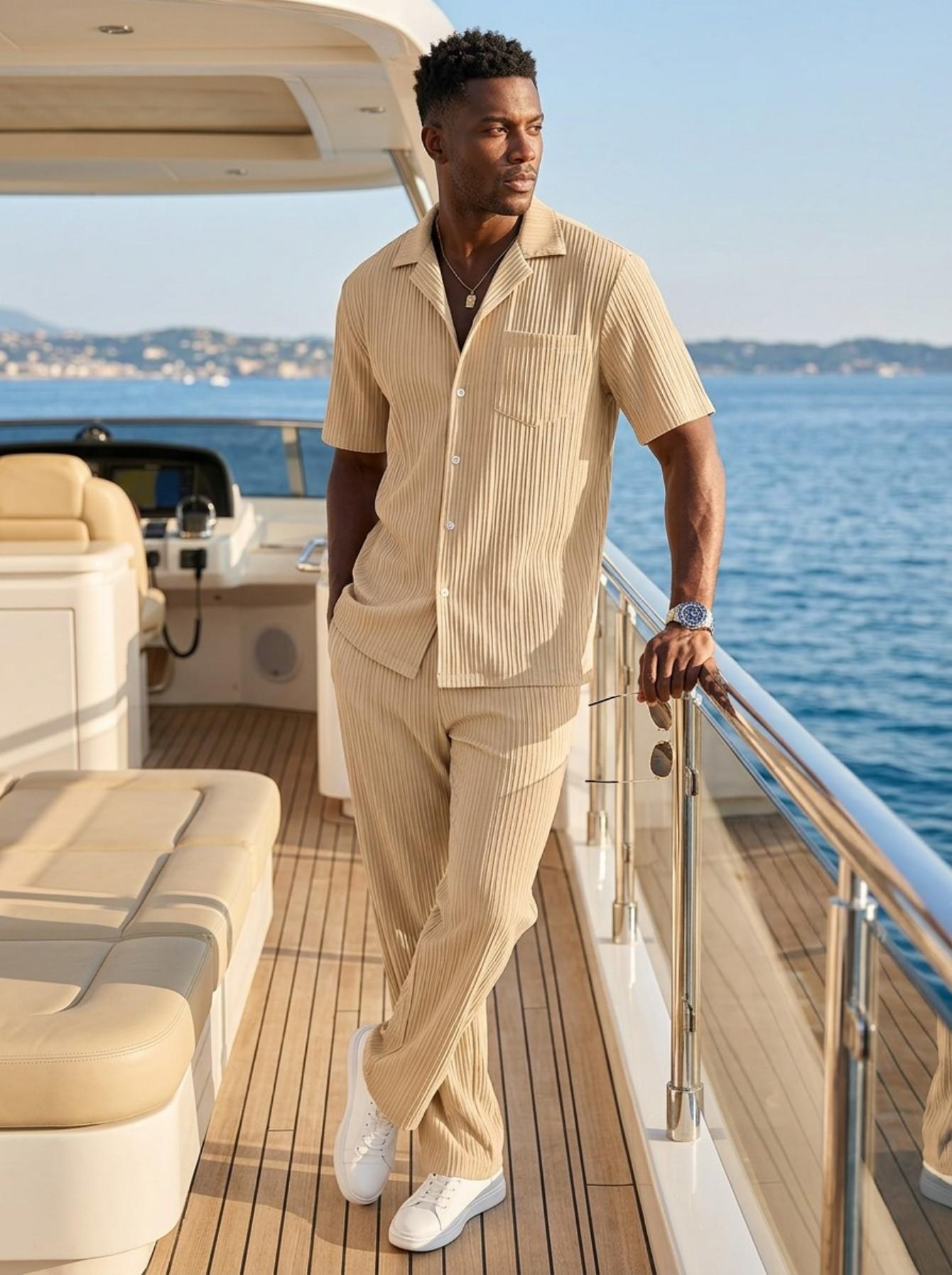 New Mens Solid Color Button Down Shirt And Trousers Set 8