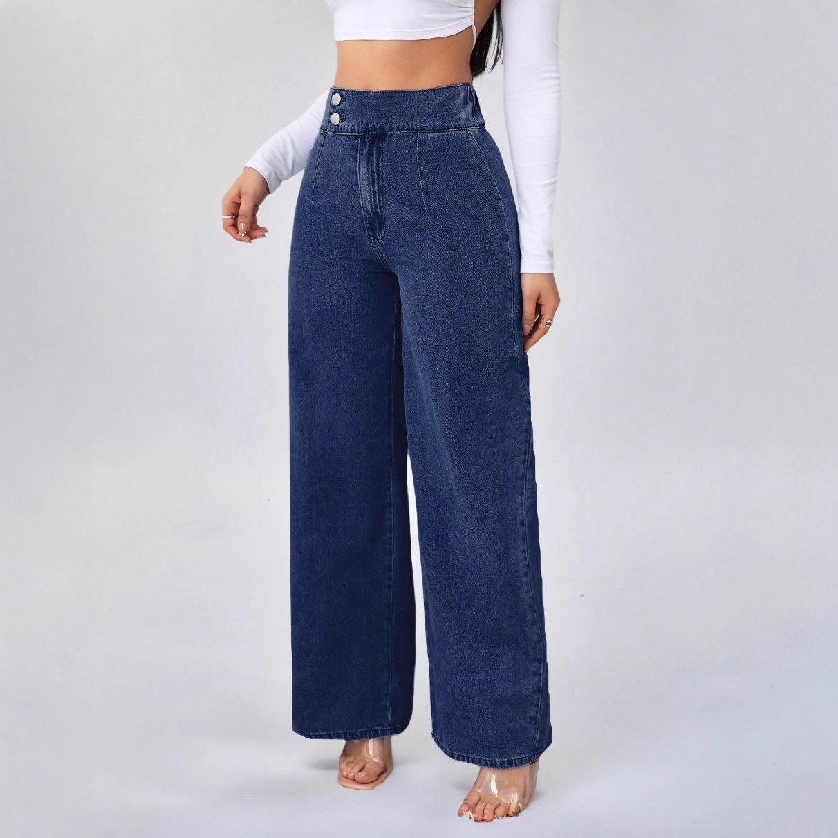 Women's Retro Deep Blue High-Waist Wide-Leg Jeans 4