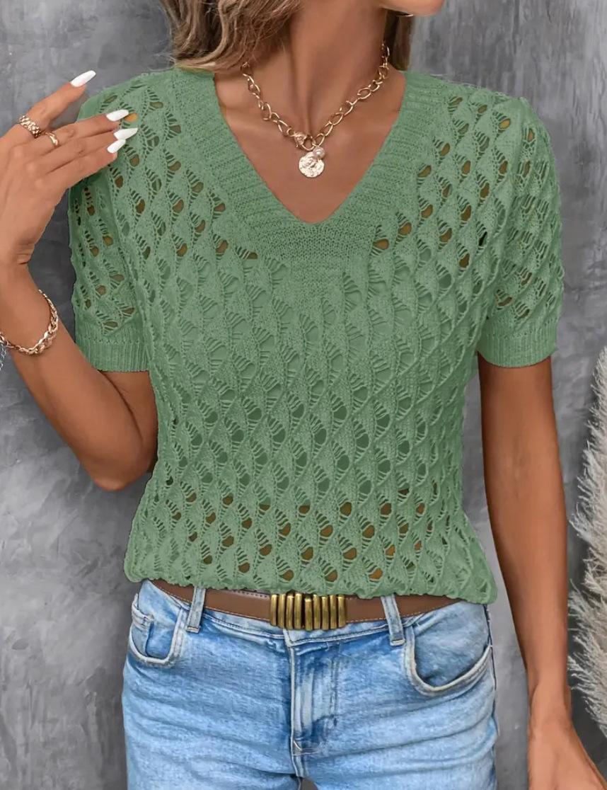 Knitted V-neck Short-sleeve Top Hollow-out Knit Sweater 9