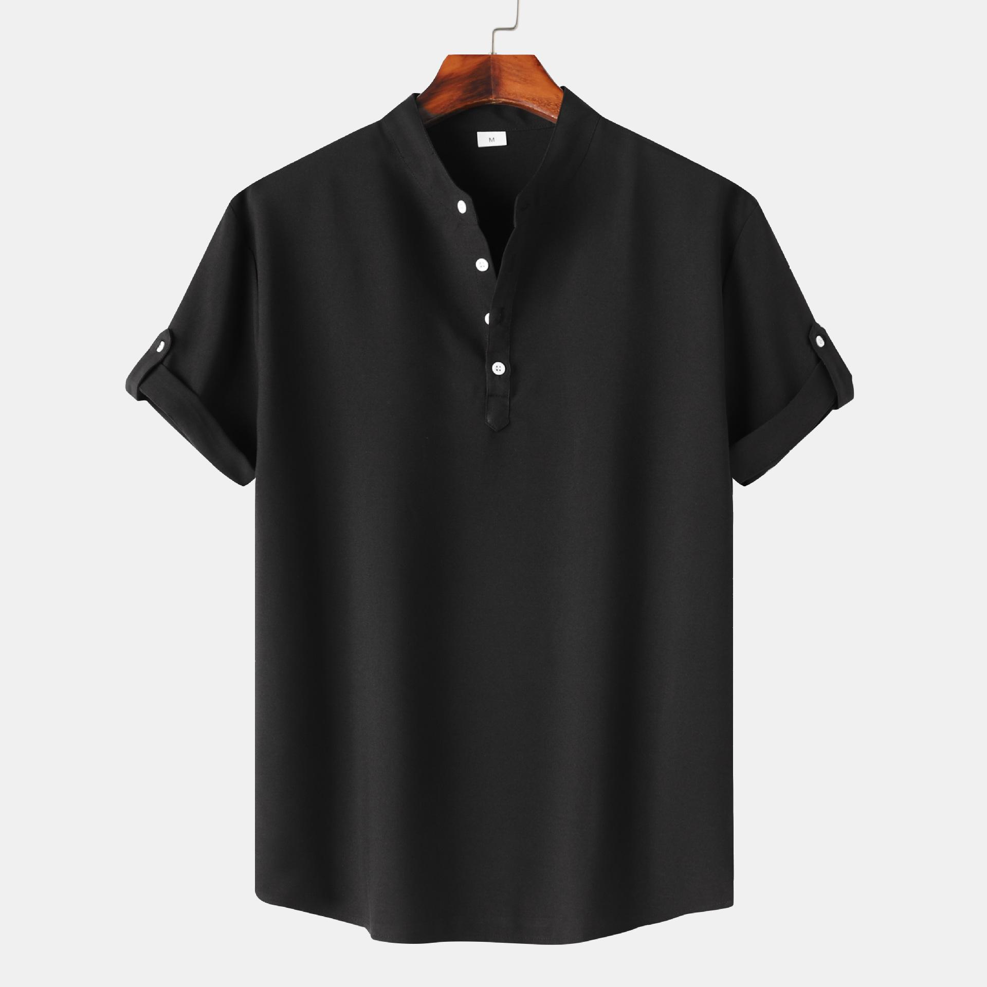 Men's Solid Color Stand Collar Short Sleeve Shirt 11