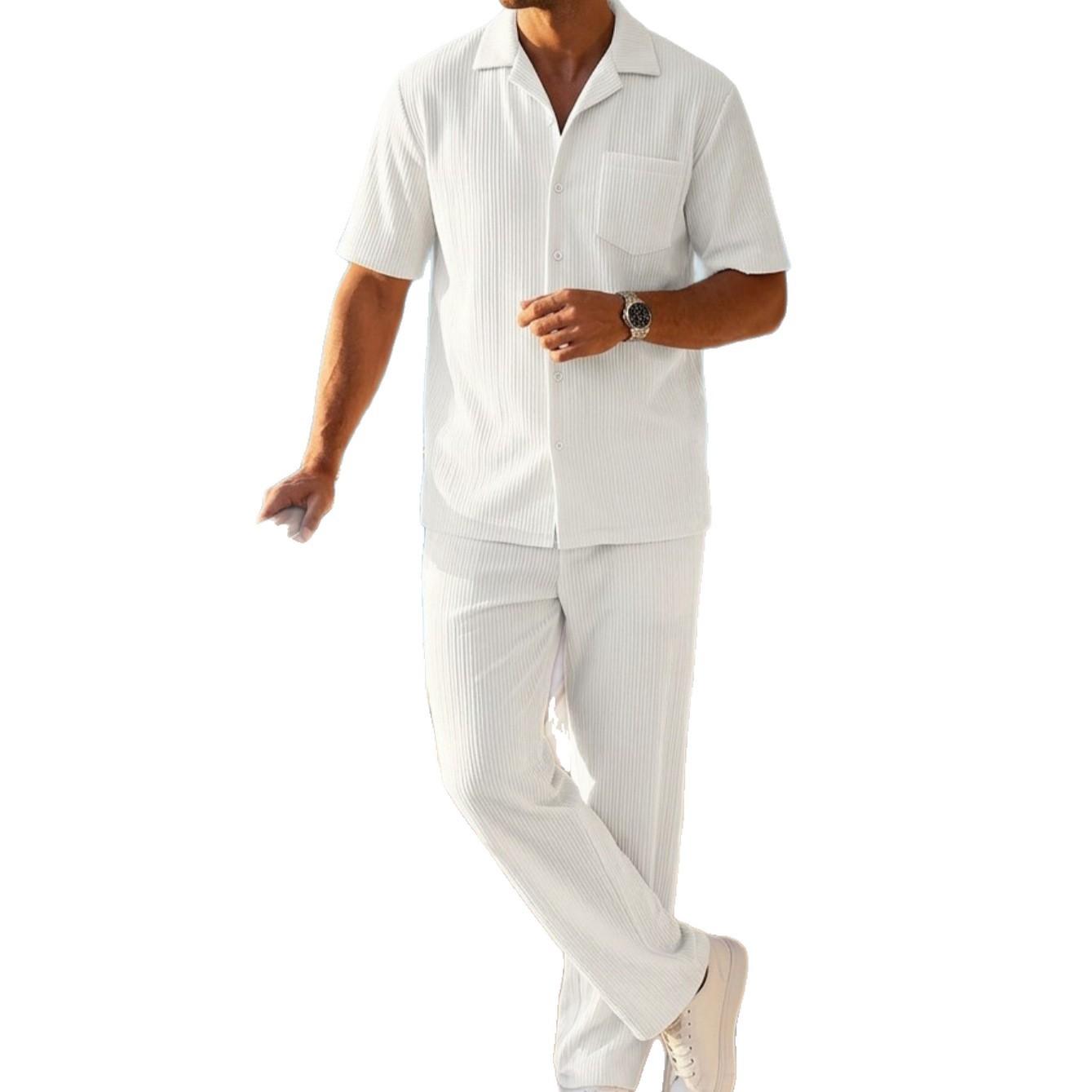 New Mens Solid Color Button Down Shirt And Trousers Set 5