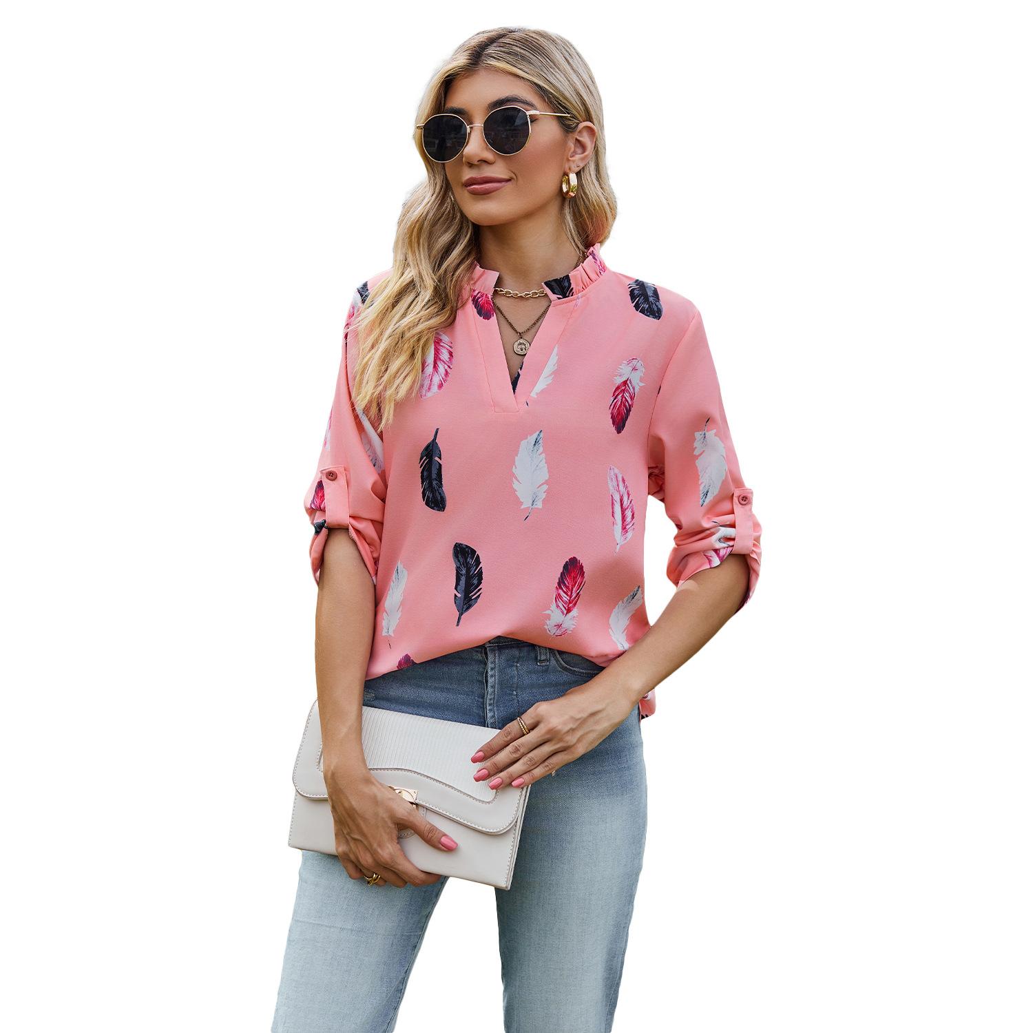 V-neck Feather Printed 34 Sleeves Loose Shirt 7