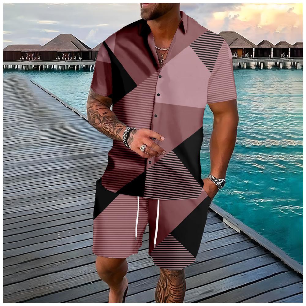 Mens Lapel Shirt And Shorts Set With 3D Print 4