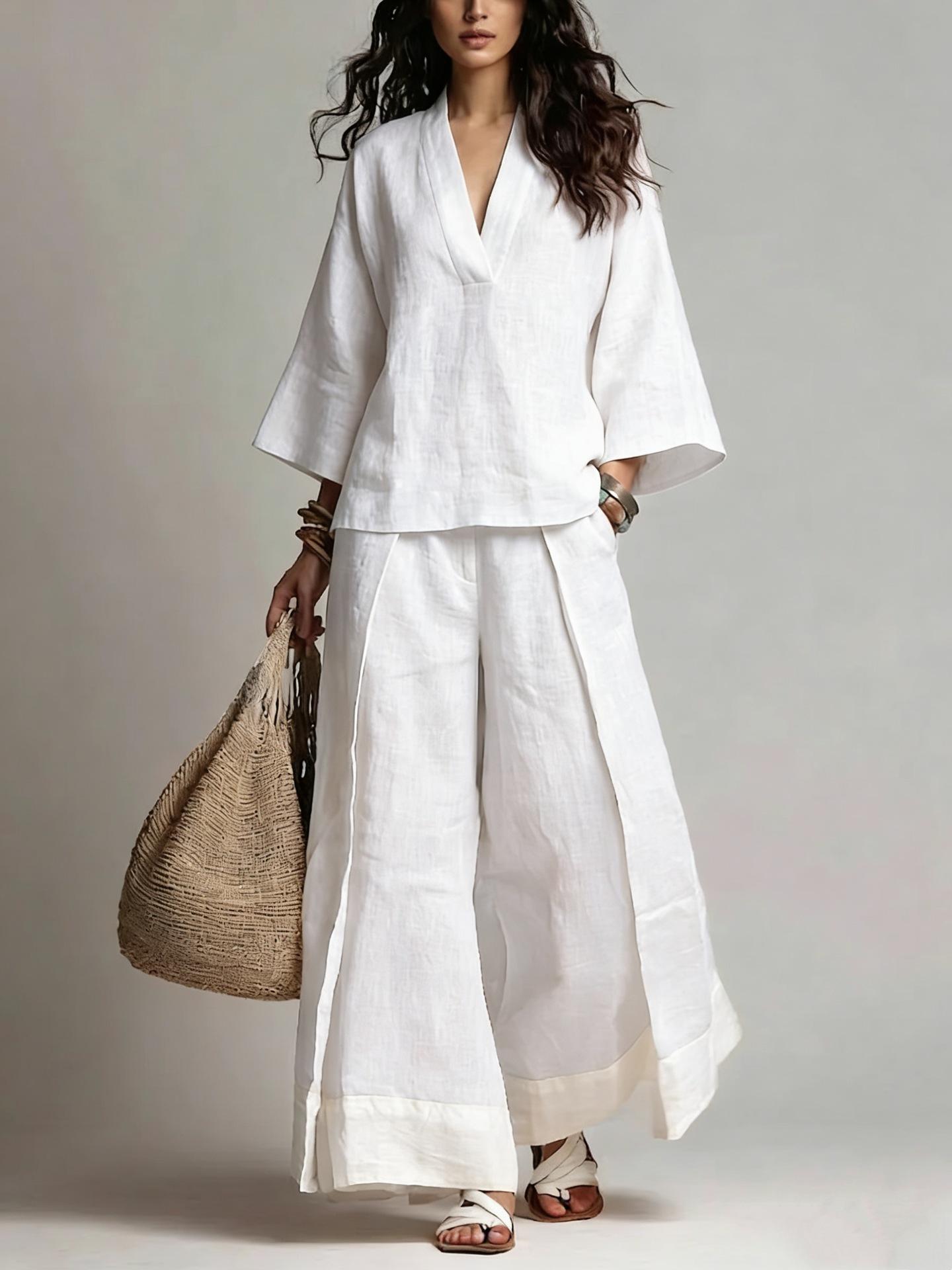 Cotton-Linen French-Style V-Neck Three-Quarter-Sleeve Shirt Contrasting-Color Wide-Leg Pants Set 7