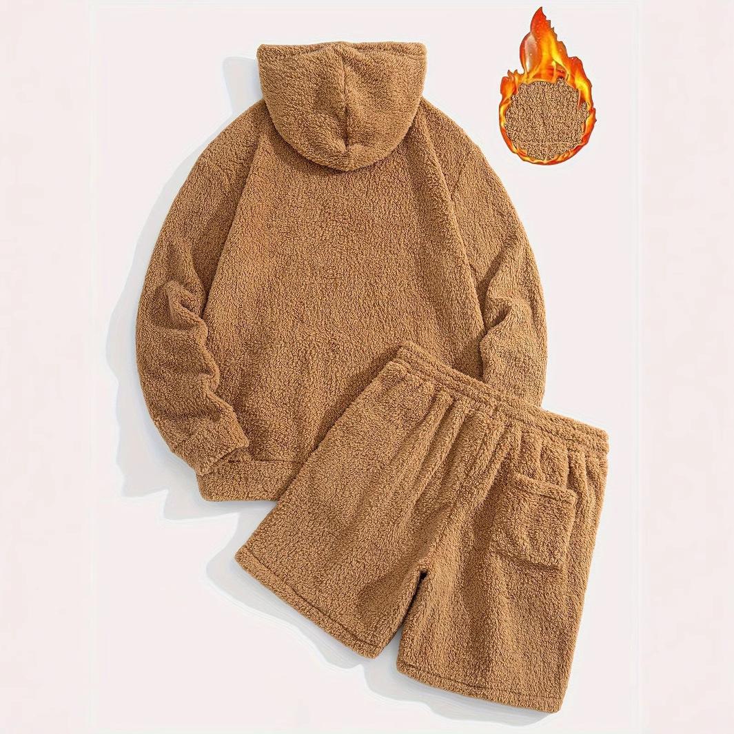 Warm Lambswool Casual Set Mens Hooded Sweatshirt Shorts 4