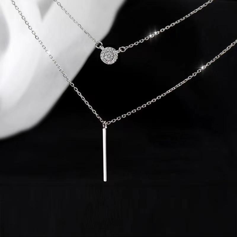 S925 Silver Color Double Chain Long Stick Micro Pave Zircon Round Pendant Necklaces For Women Trendy Jewelry 5