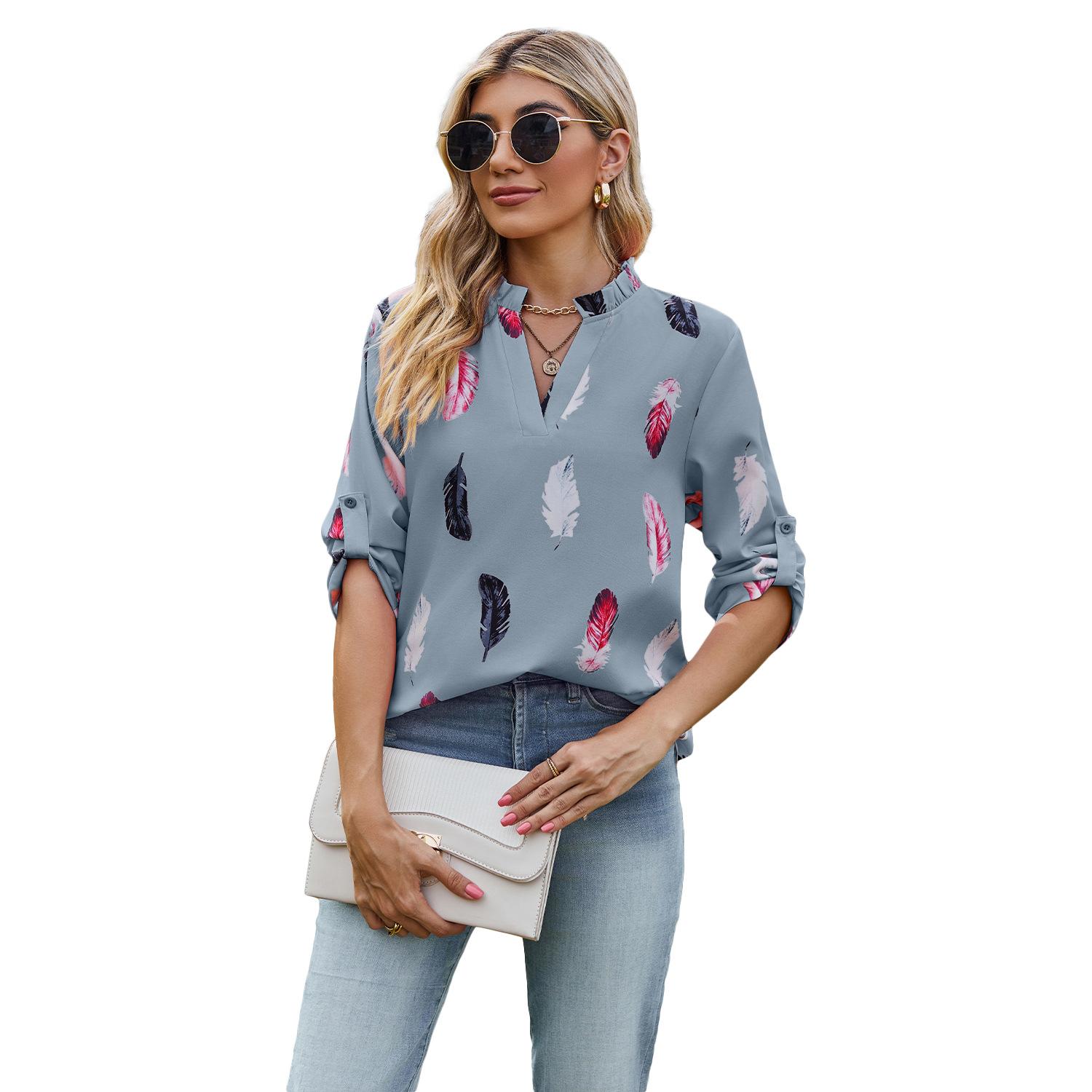 V-neck Feather Printed 34 Sleeves Loose Shirt 6