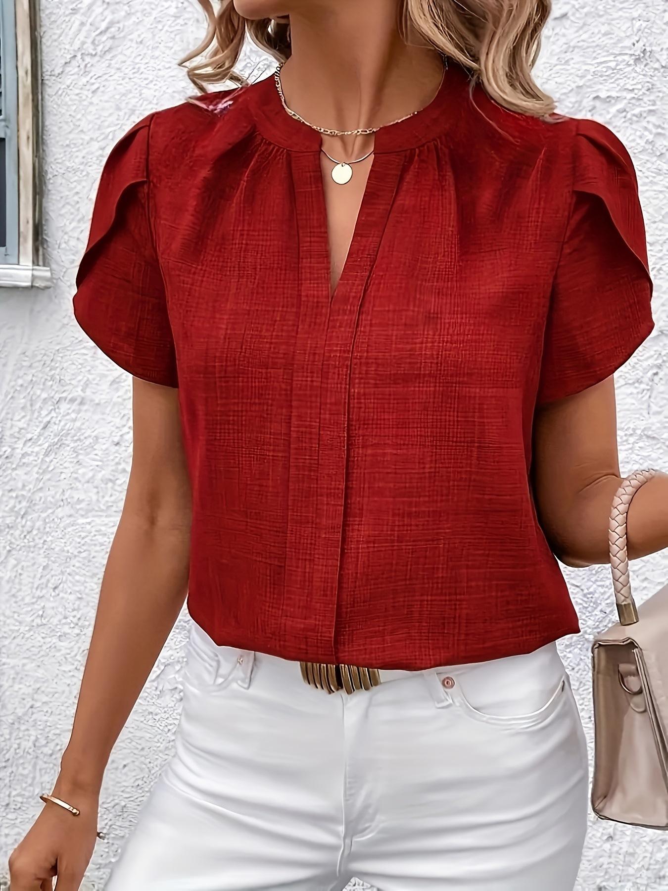 Elegant Womens V-neck Blouse With Petal Sleeves And A Slit 9
