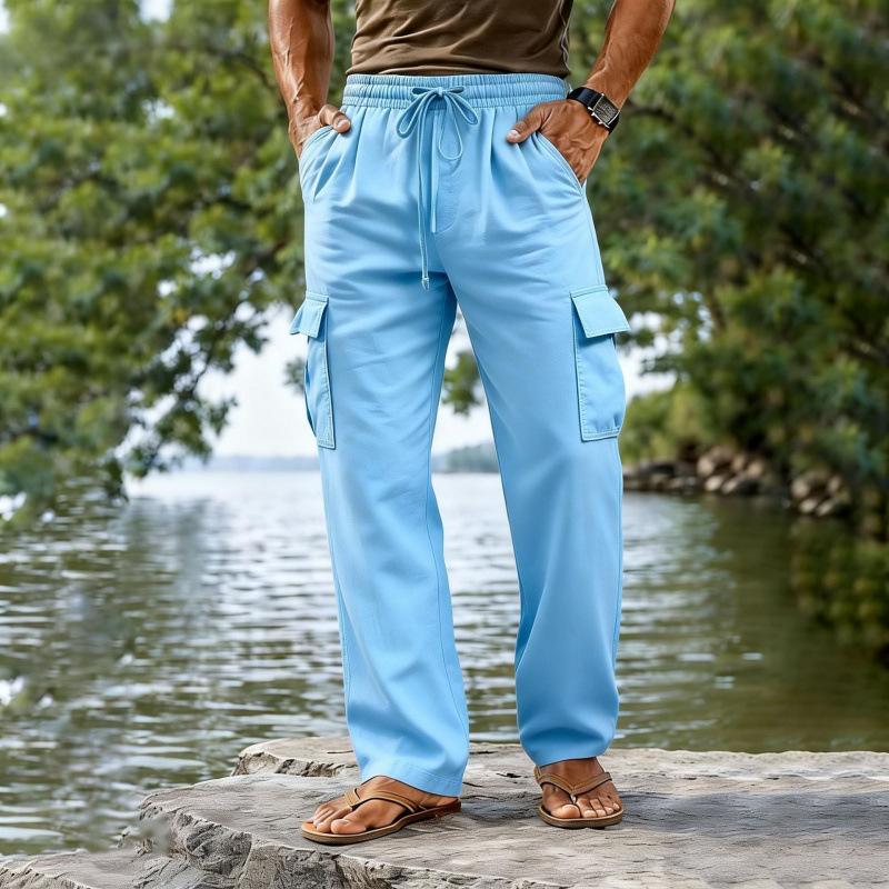 Drawstring Elastic Waist Straight-leg Solid-color Breathable Everyday Casual Mid-length Pants 4