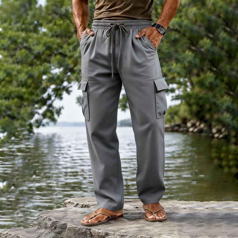 Drawstring Elastic Waist Straight-leg Solid-color Breathable Everyday Casual Mid-length Pants 3