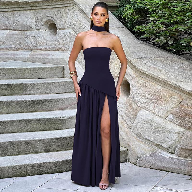 Pure Color Split Backless Elegant Streamer Dress 7