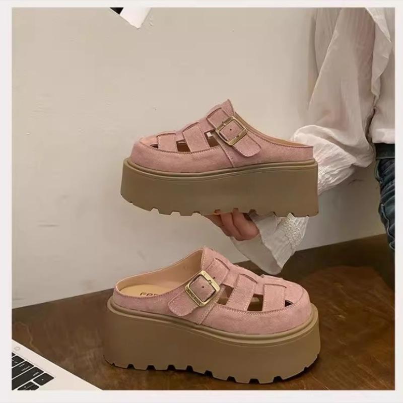Small Chunky-soled Closed-toe Mule Sandals Hollow-out Roman Style Slippers 8
