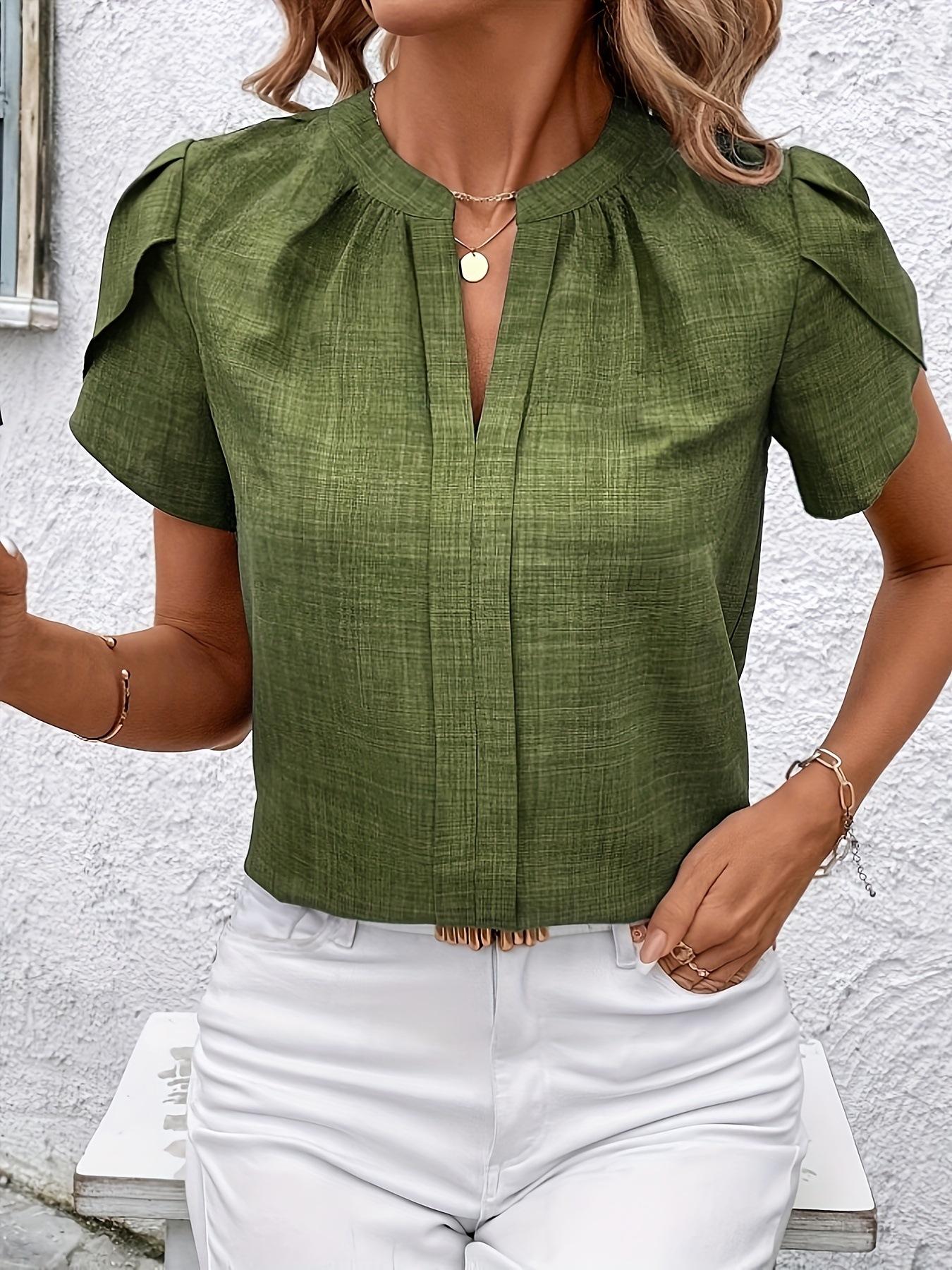 Elegant Womens V-neck Blouse With Petal Sleeves And A Slit 10