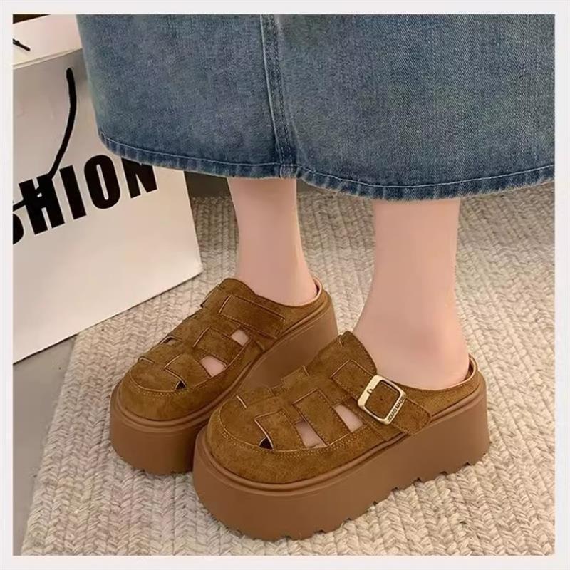 Small Chunky-soled Closed-toe Mule Sandals Hollow-out Roman Style Slippers 3