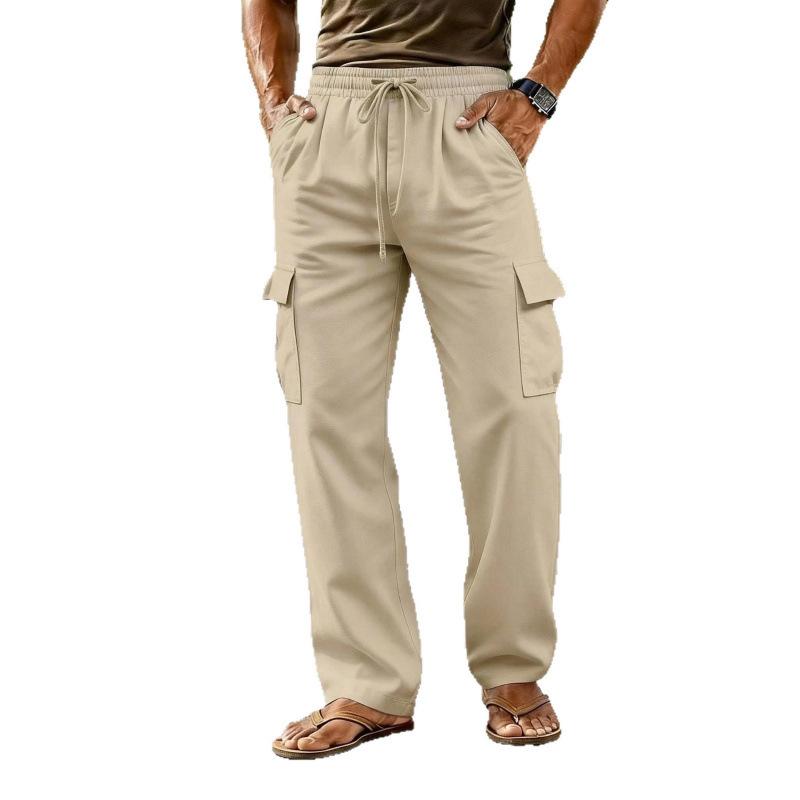Drawstring Elastic Waist Straight-leg Solid-color Breathable Everyday Casual Mid-length Pants 5