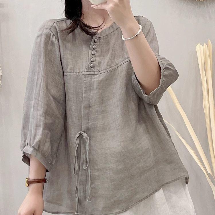 Five-point Solid-color Lace-up Short-sleeve Blouse Shirt