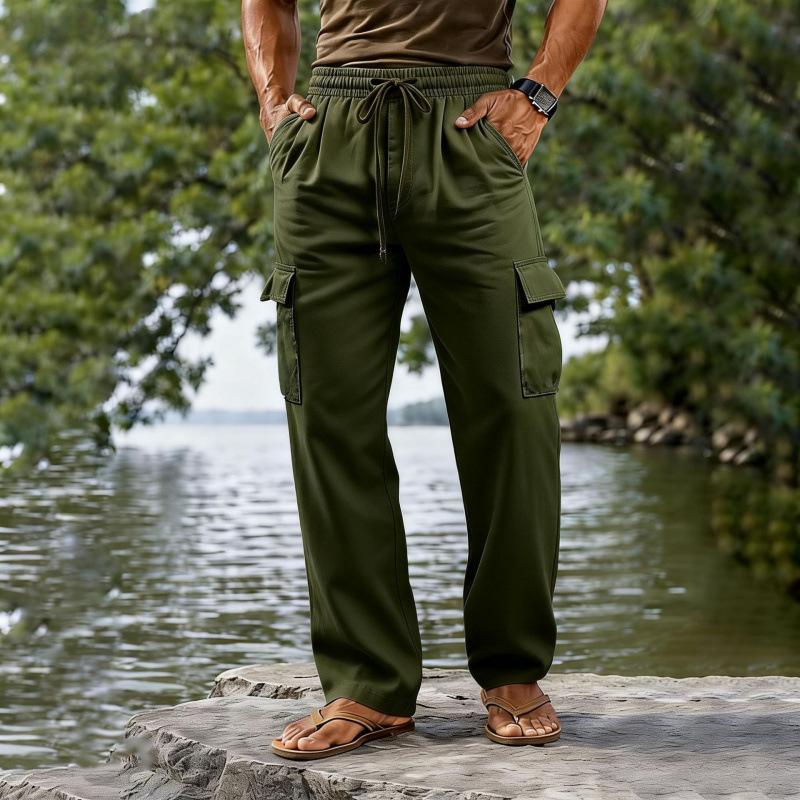 Drawstring Elastic Waist Straight-leg Solid-color Breathable Everyday Casual Mid-length Pants 8