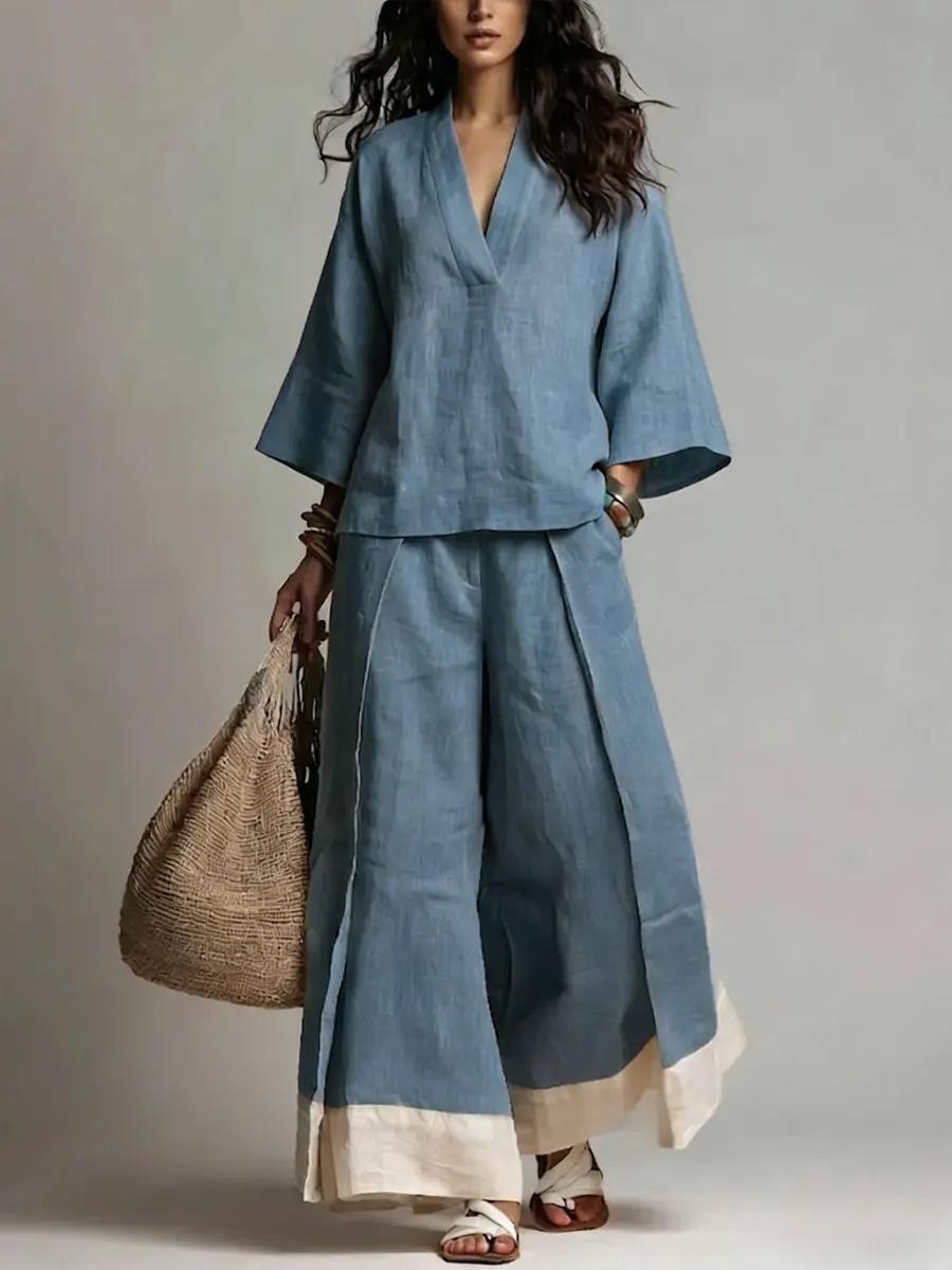 Cotton-Linen French-Style V-Neck Three-Quarter-Sleeve Shirt Contrasting-Color Wide-Leg Pants Set 10