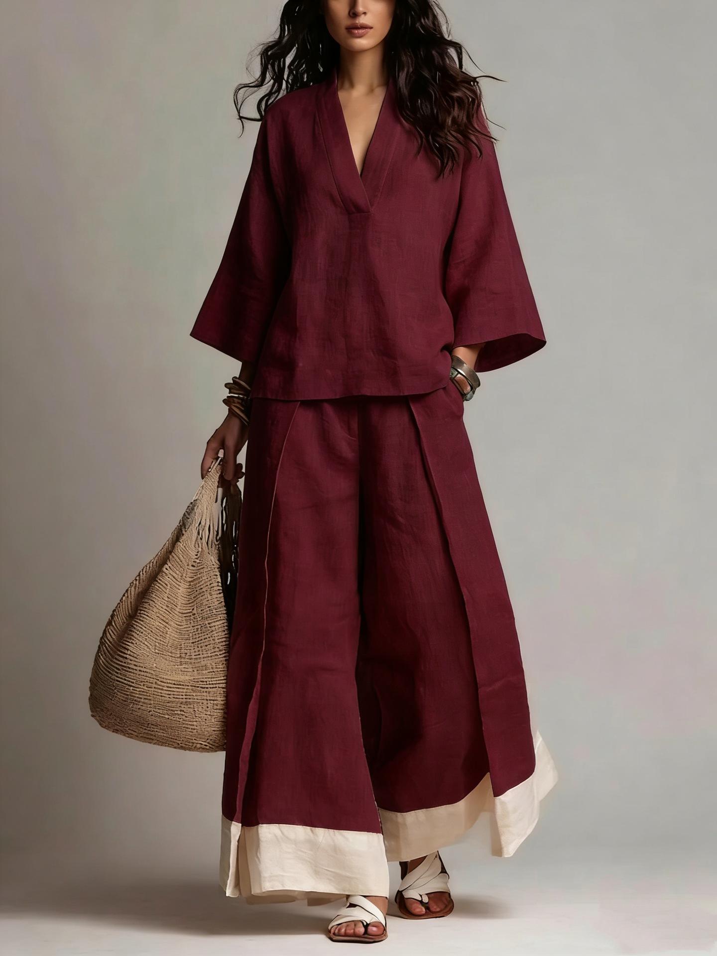 Cotton-Linen French-Style V-Neck Three-Quarter-Sleeve Shirt Contrasting-Color Wide-Leg Pants Set 8