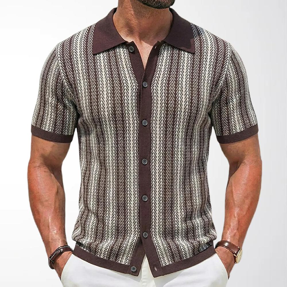 Men's Short-Sleeve Striped Knitted Cardigan Jacquard Polo Shirt 3