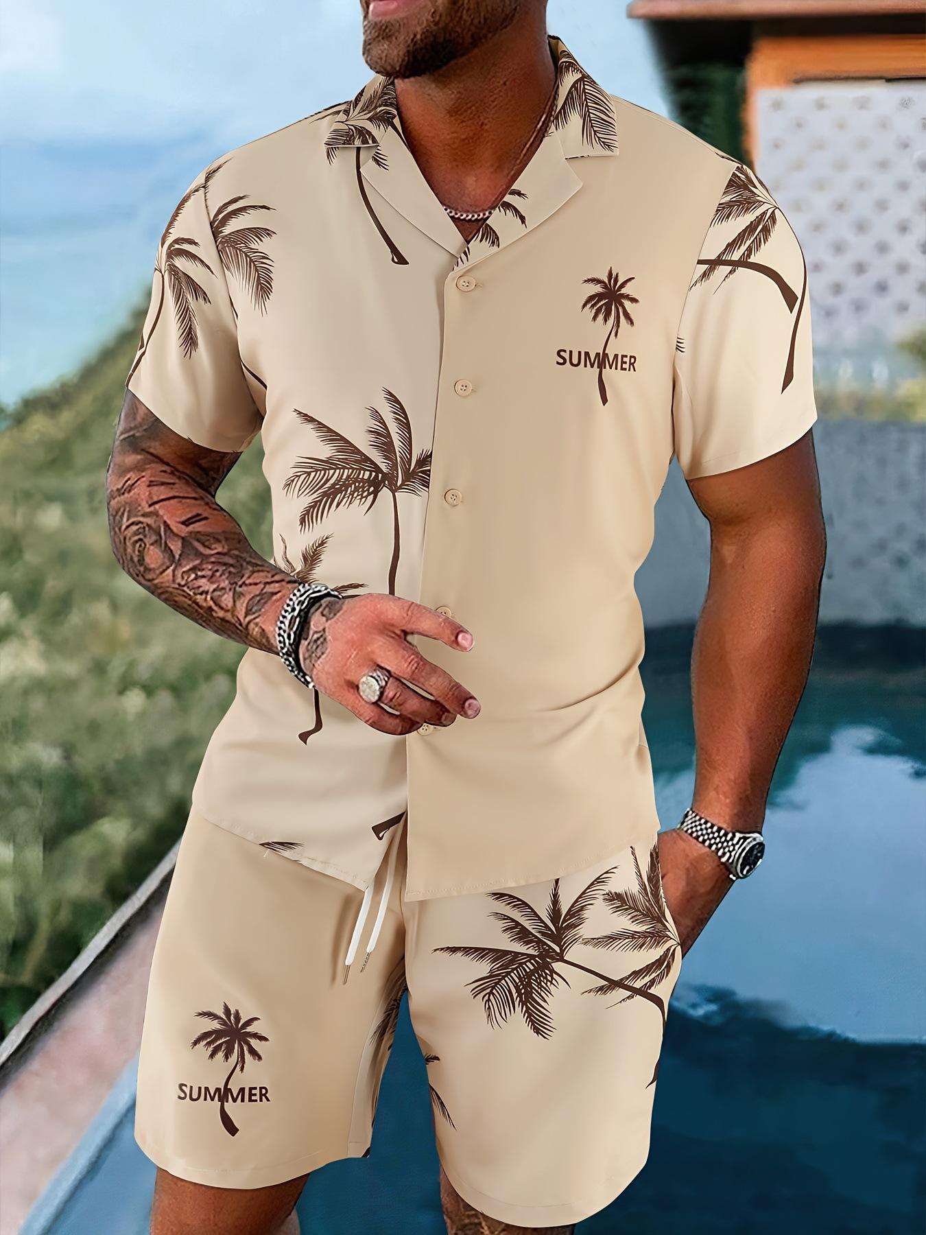 Mens Lapel Shirt And Shorts Set With 3D Print