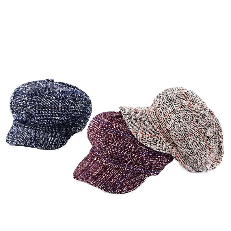 Thickened Plaid Woolen Octagonal Cap Women 4