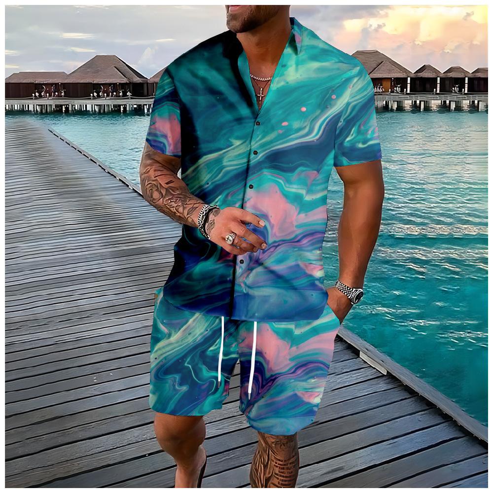 Mens Lapel Shirt And Shorts Set With 3D Print 3
