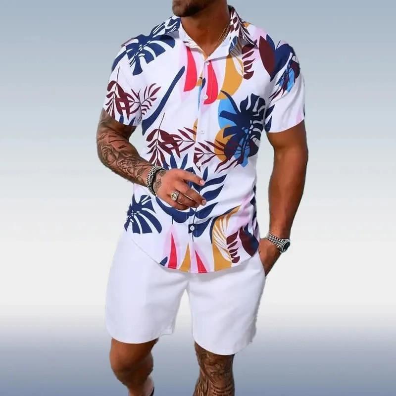 Mens Lapel Shirt And Shorts Set With 3D Print 11