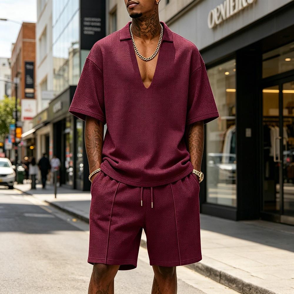 Mens Casual Sportswear Set V-neck T-shirt And Shorts 7