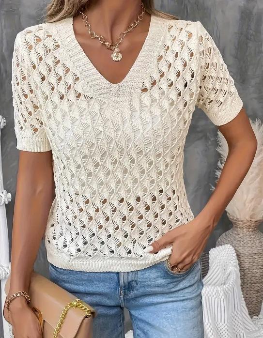 Knitted V-neck Short-sleeve Top Hollow-out Knit Sweater 7