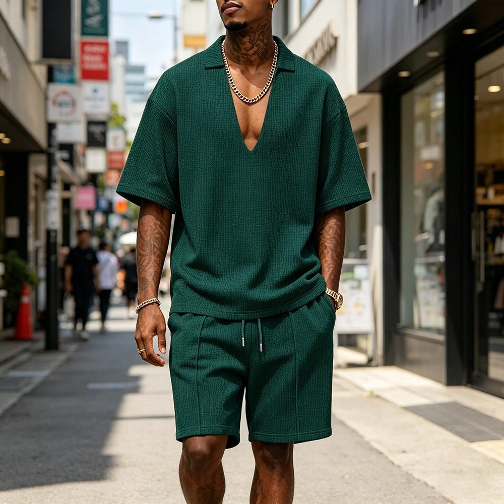 Mens Casual Sportswear Set V-neck T-shirt And Shorts 8