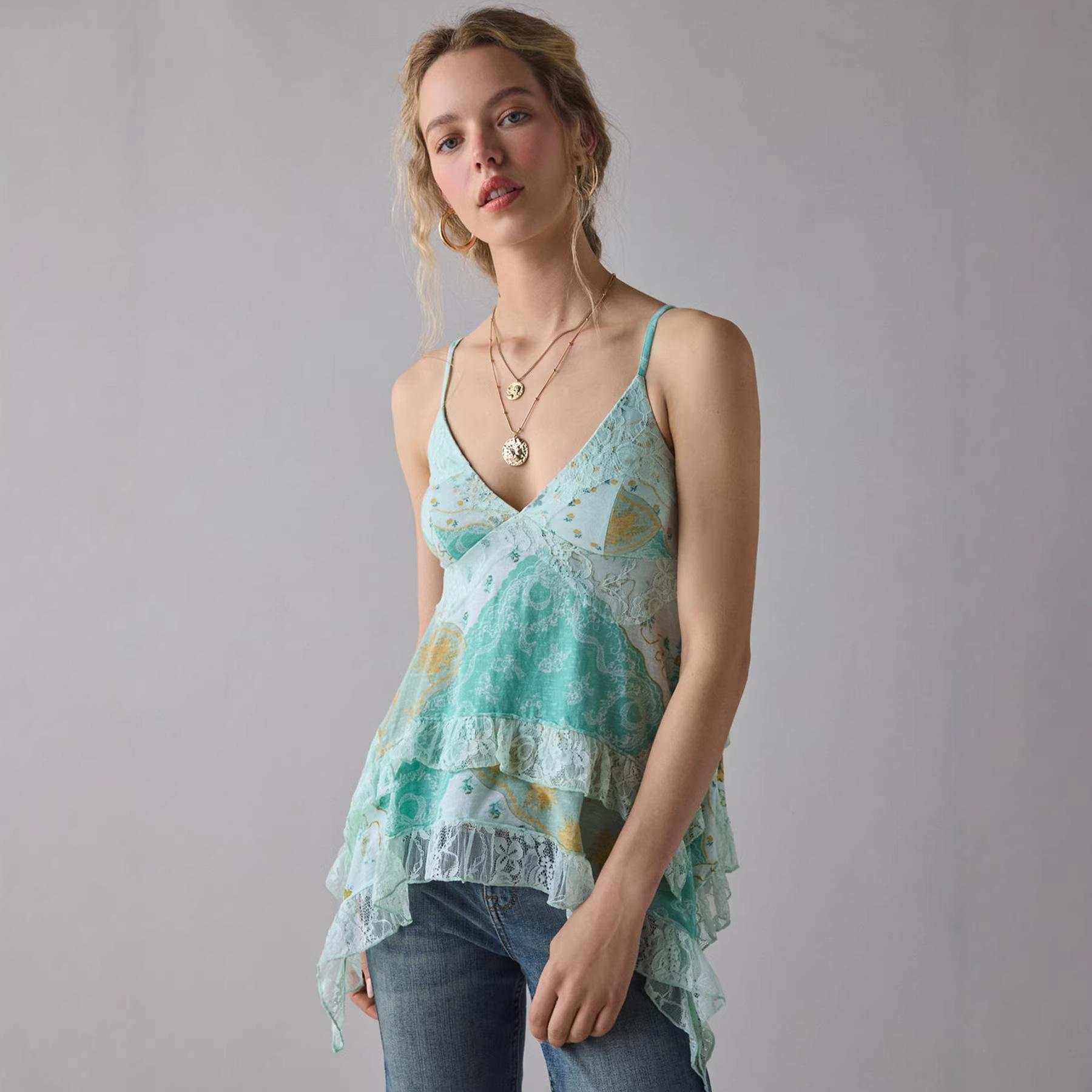 Retro Floral Chiffon Slimming Lace Flounce Strap Top 4
