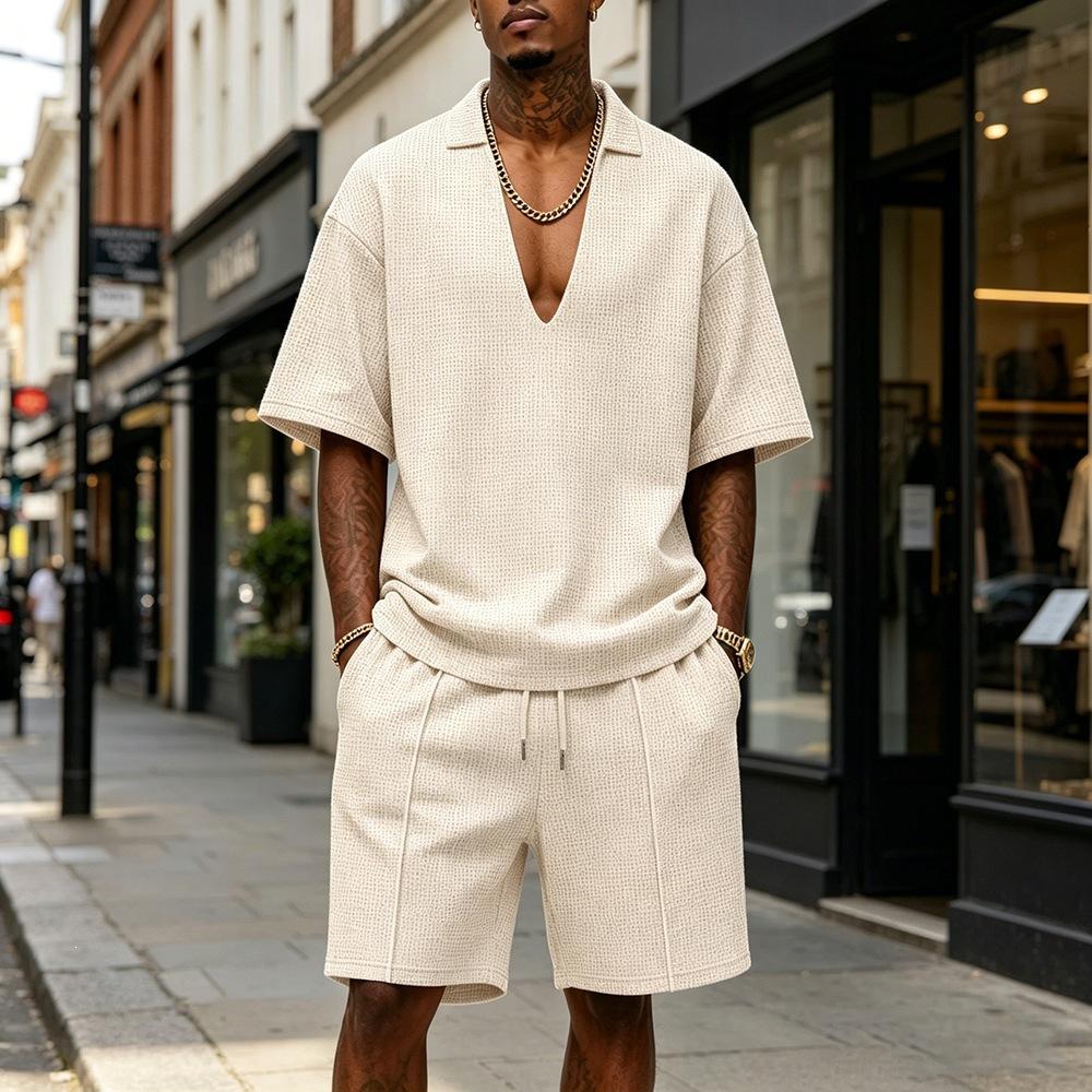 Mens Casual Sportswear Set V-neck T-shirt And Shorts 9
