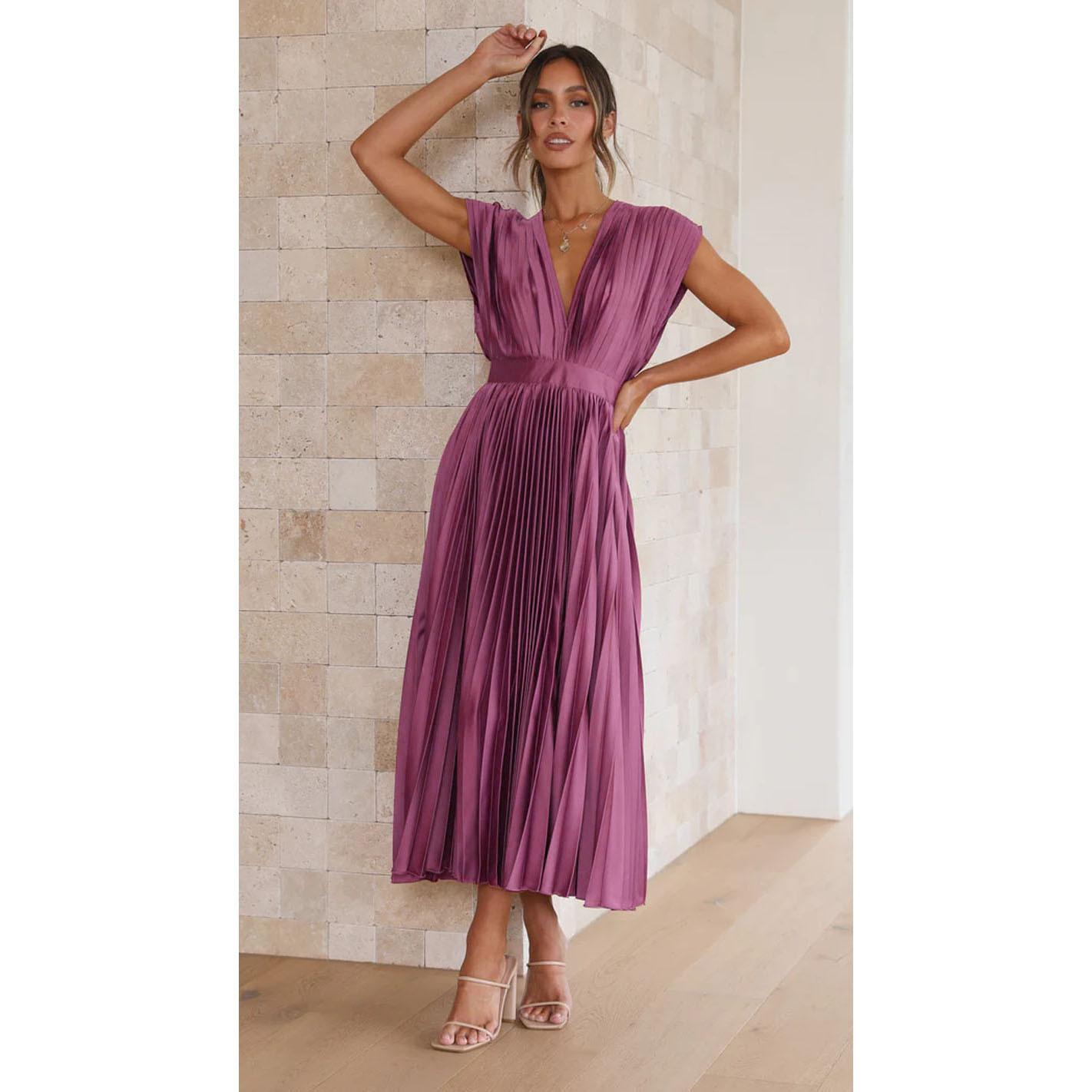 Summer V-neck Pleated Dress INS Fashion Casual Loose Zip Sleeveless Dresses For Women Clothing 3