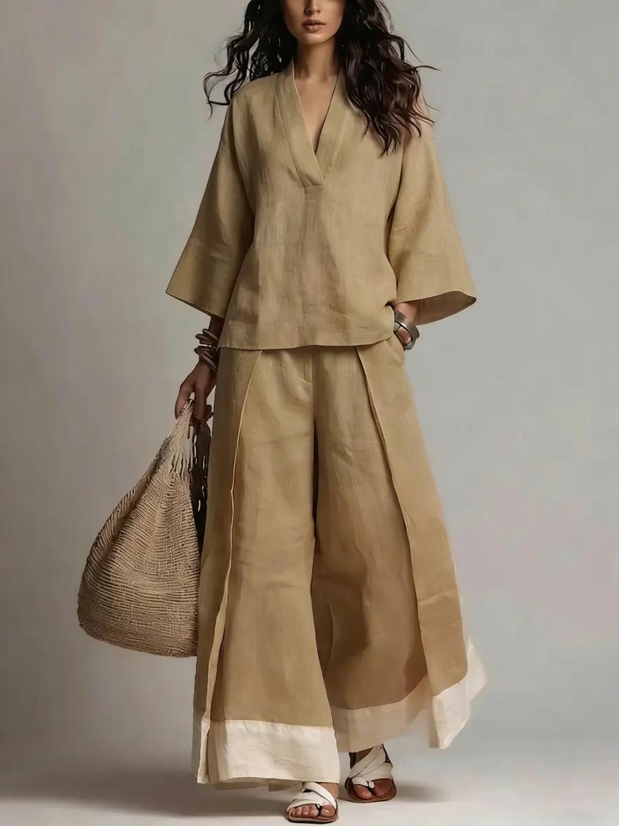 Cotton-Linen French-Style V-Neck Three-Quarter-Sleeve Shirt Contrasting-Color Wide-Leg Pants Set 9