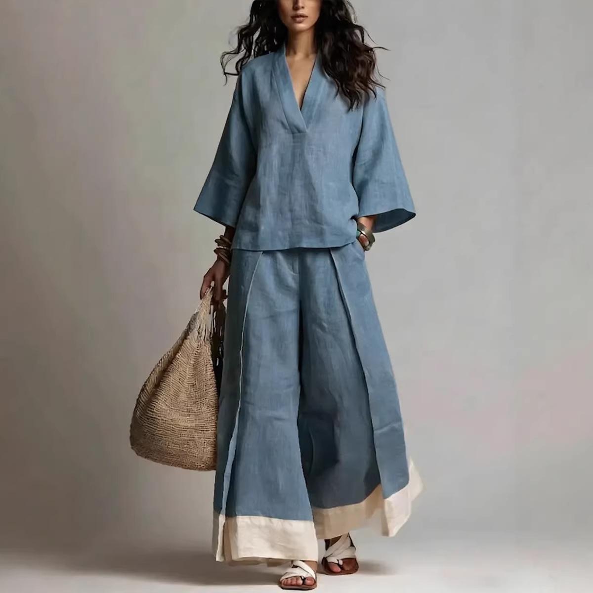 Cotton-Linen French-Style V-Neck Three-Quarter-Sleeve Shirt Contrasting-Color Wide-Leg Pants Set 4