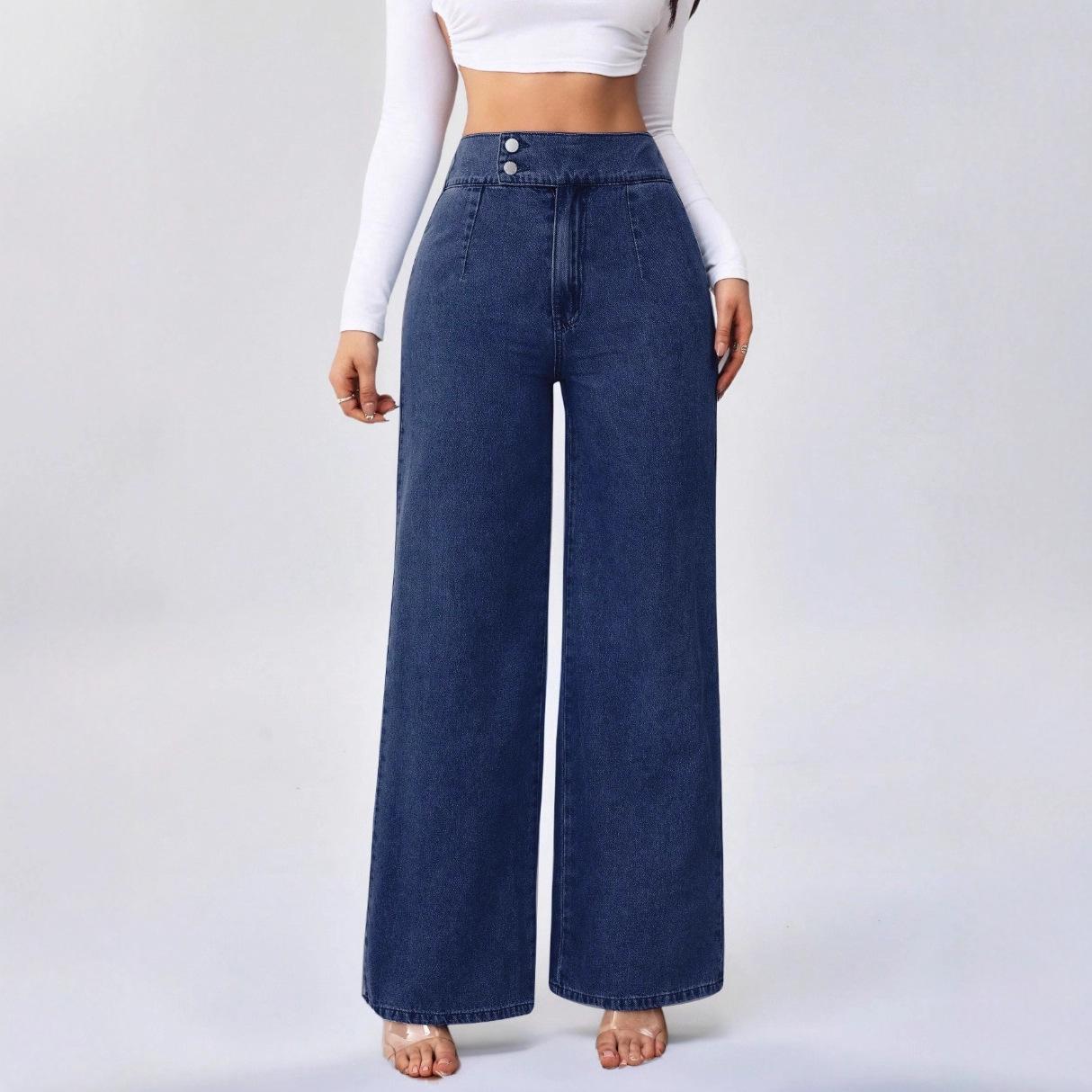 Women's Retro Deep Blue High-Waist Wide-Leg Jeans 3