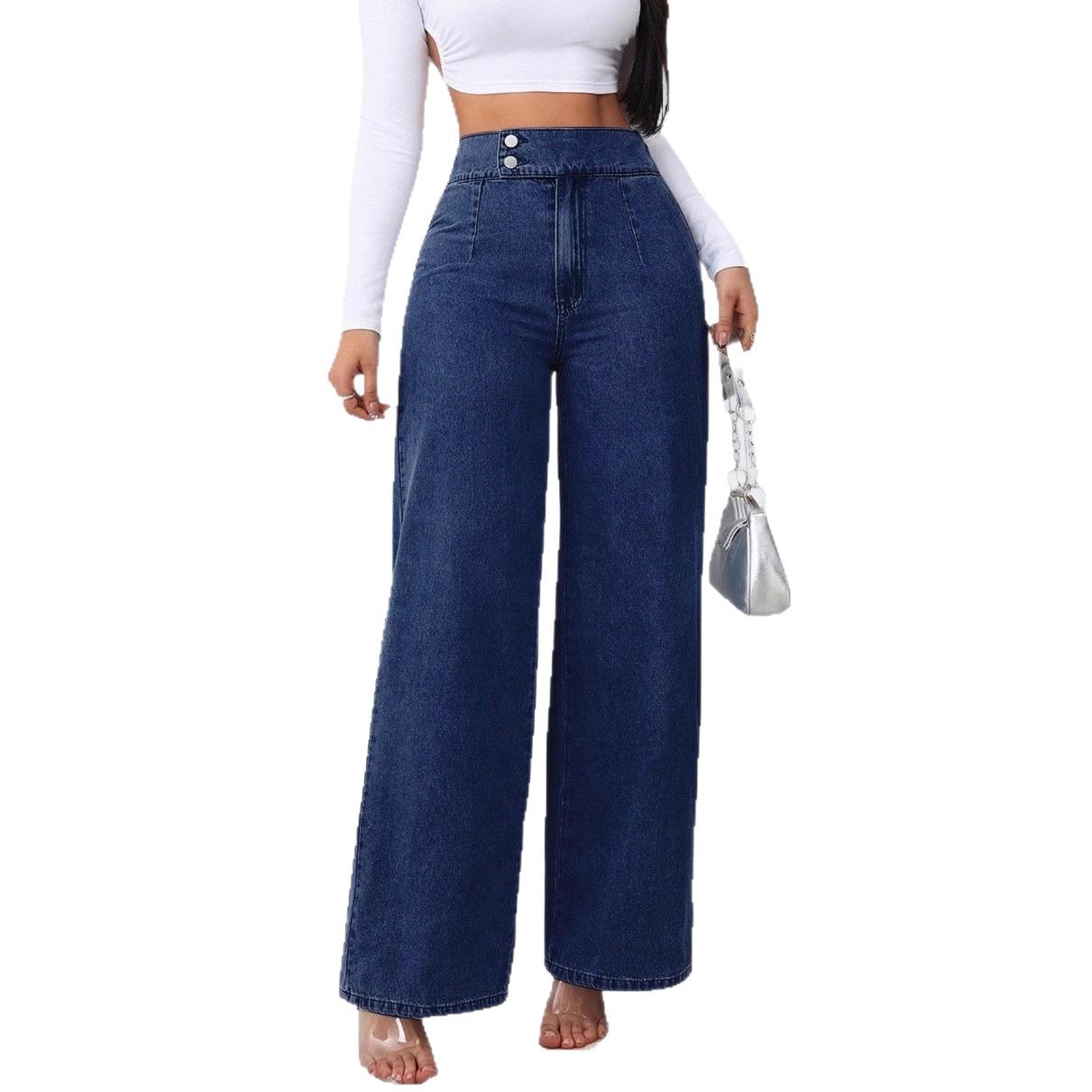 Women's Retro Deep Blue High-Waist Wide-Leg Jeans 5