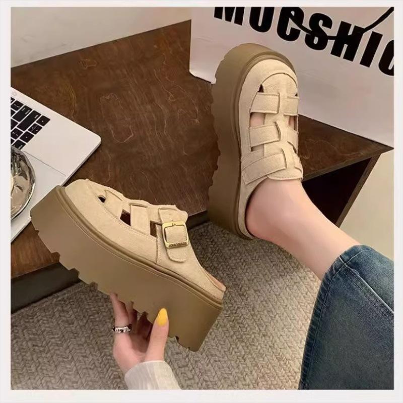 Small Chunky-soled Closed-toe Mule Sandals Hollow-out Roman Style Slippers 7