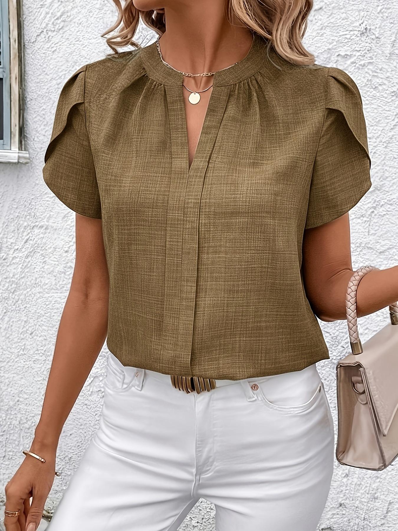 Elegant Womens V-neck Blouse With Petal Sleeves And A Slit 11