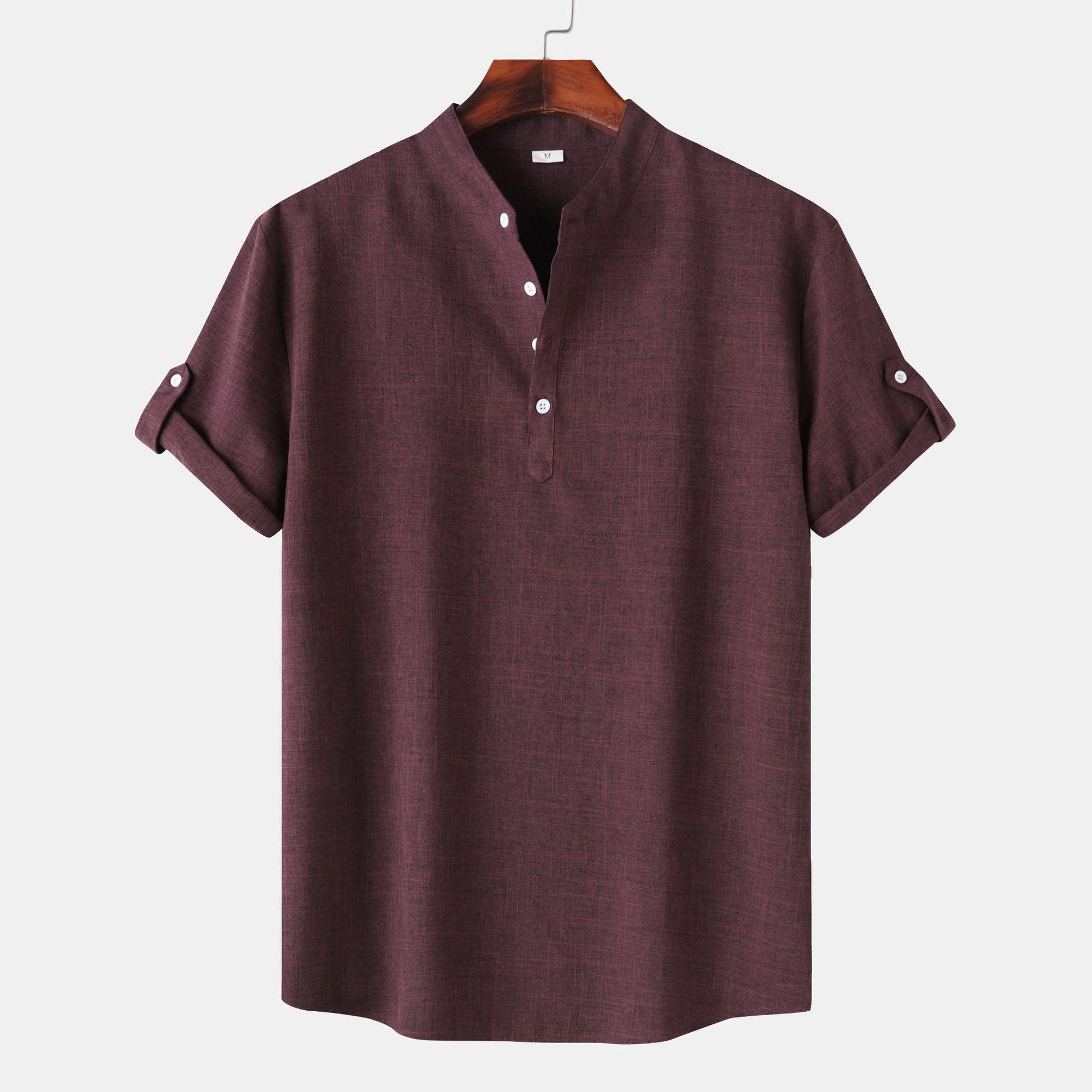 Men's Solid Color Stand Collar Short Sleeve Shirt 10
