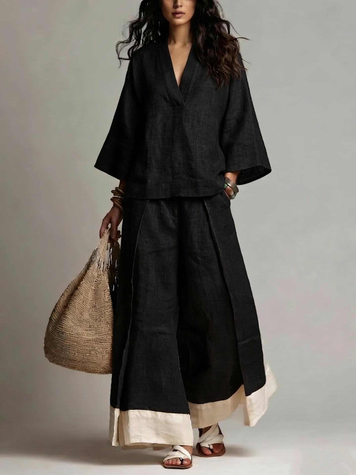 Cotton-Linen French-Style V-Neck Three-Quarter-Sleeve Shirt Contrasting-Color Wide-Leg Pants Set 11