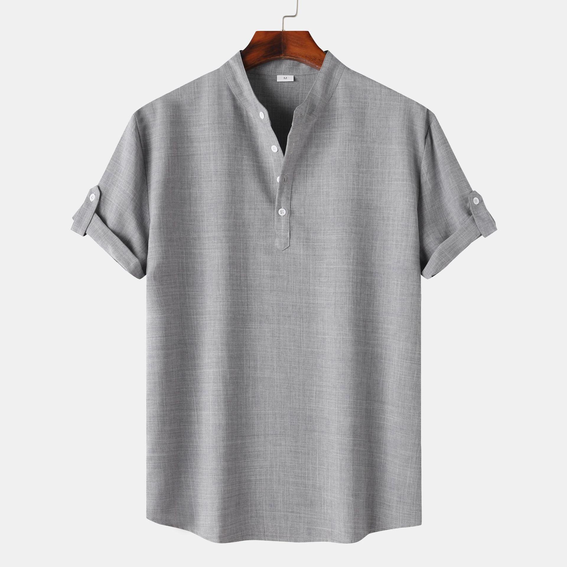 Men's Solid Color Stand Collar Short Sleeve Shirt 6