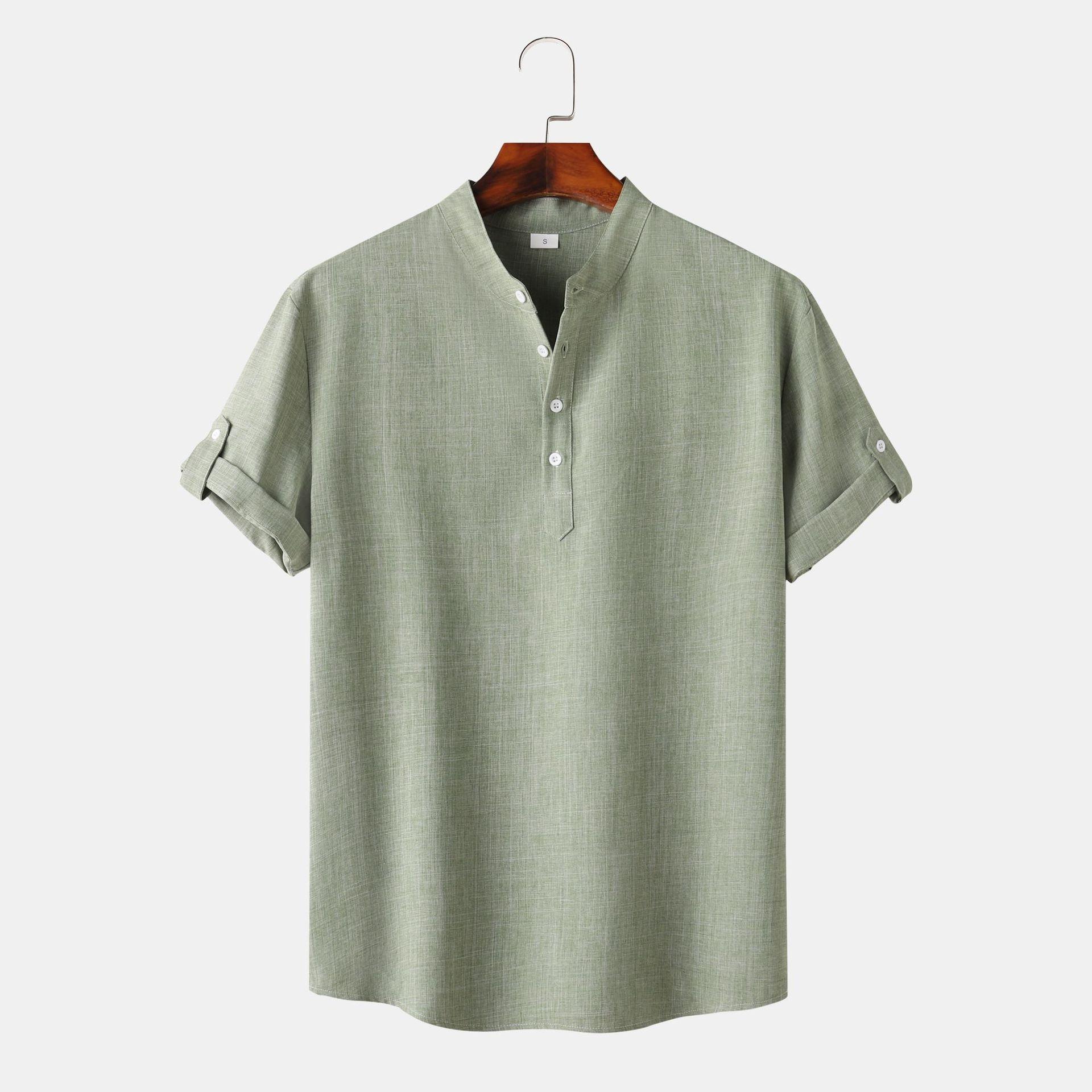 Men's Solid Color Stand Collar Short Sleeve Shirt 12