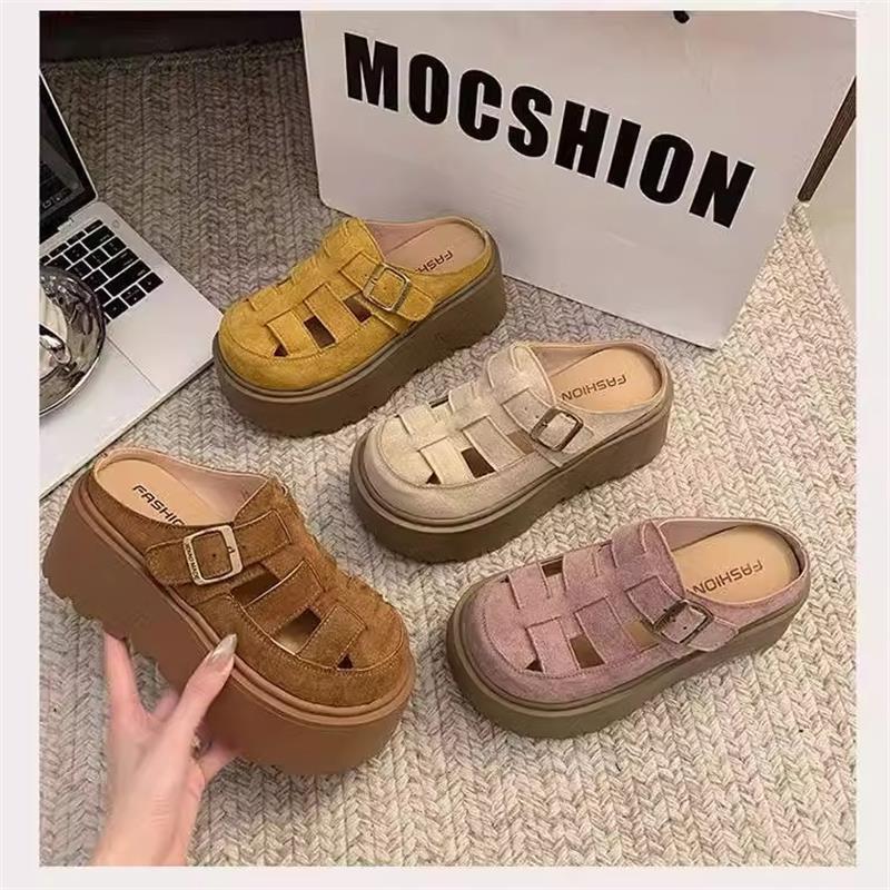 Small Chunky-soled Closed-toe Mule Sandals Hollow-out Roman Style Slippers 4
